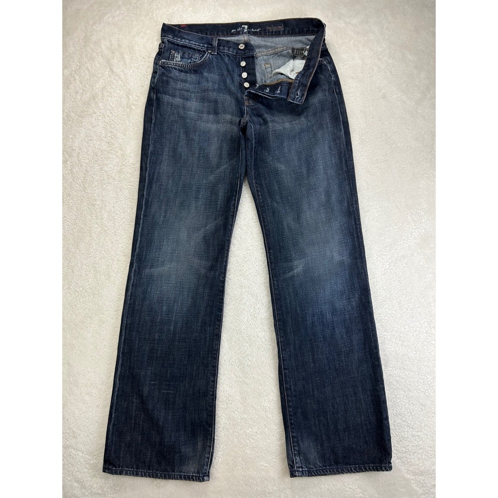 7 For All Mankind Relaxed Jeans Mens 32 Dark Wash Straight Distressed Button Fly